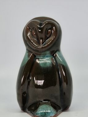 Blue Mountain Pottery Barn Owl Figurine Small Green Brown Drip Glaze Vintage